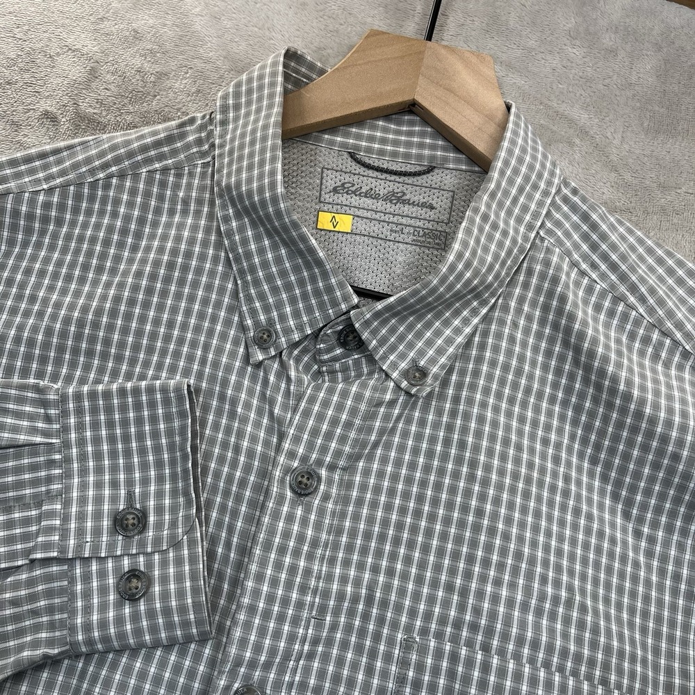 Eddie‎ Bauer Shirt AV Gray Plaid Large Long Sleeve Button Down
